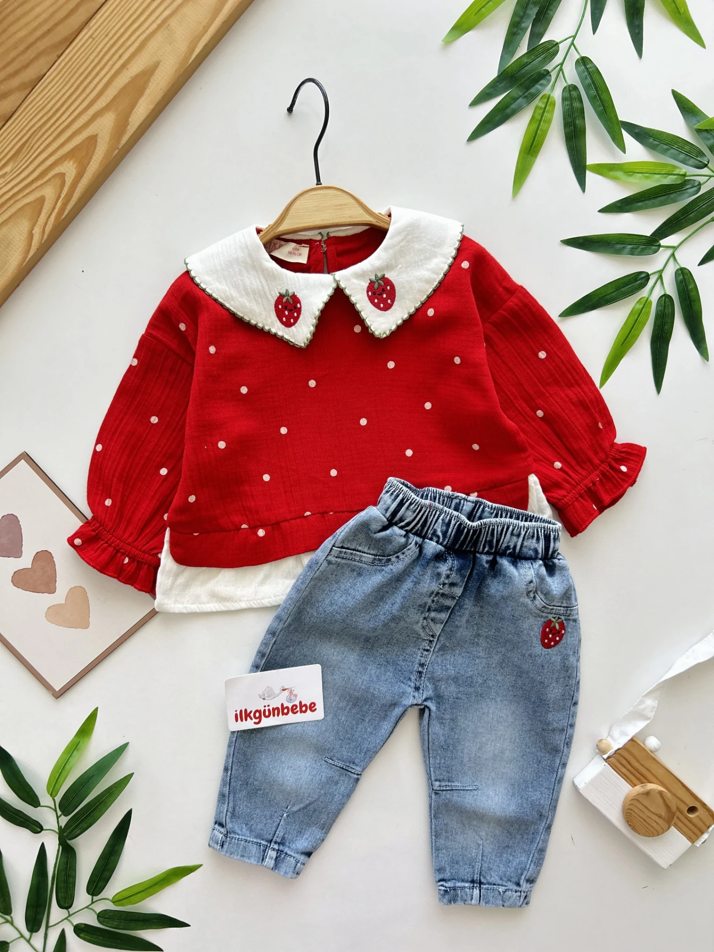 Çilek Yakalı Müslin Kumaş Sweatli Kot Pantalonlu Premium Kalite Takım