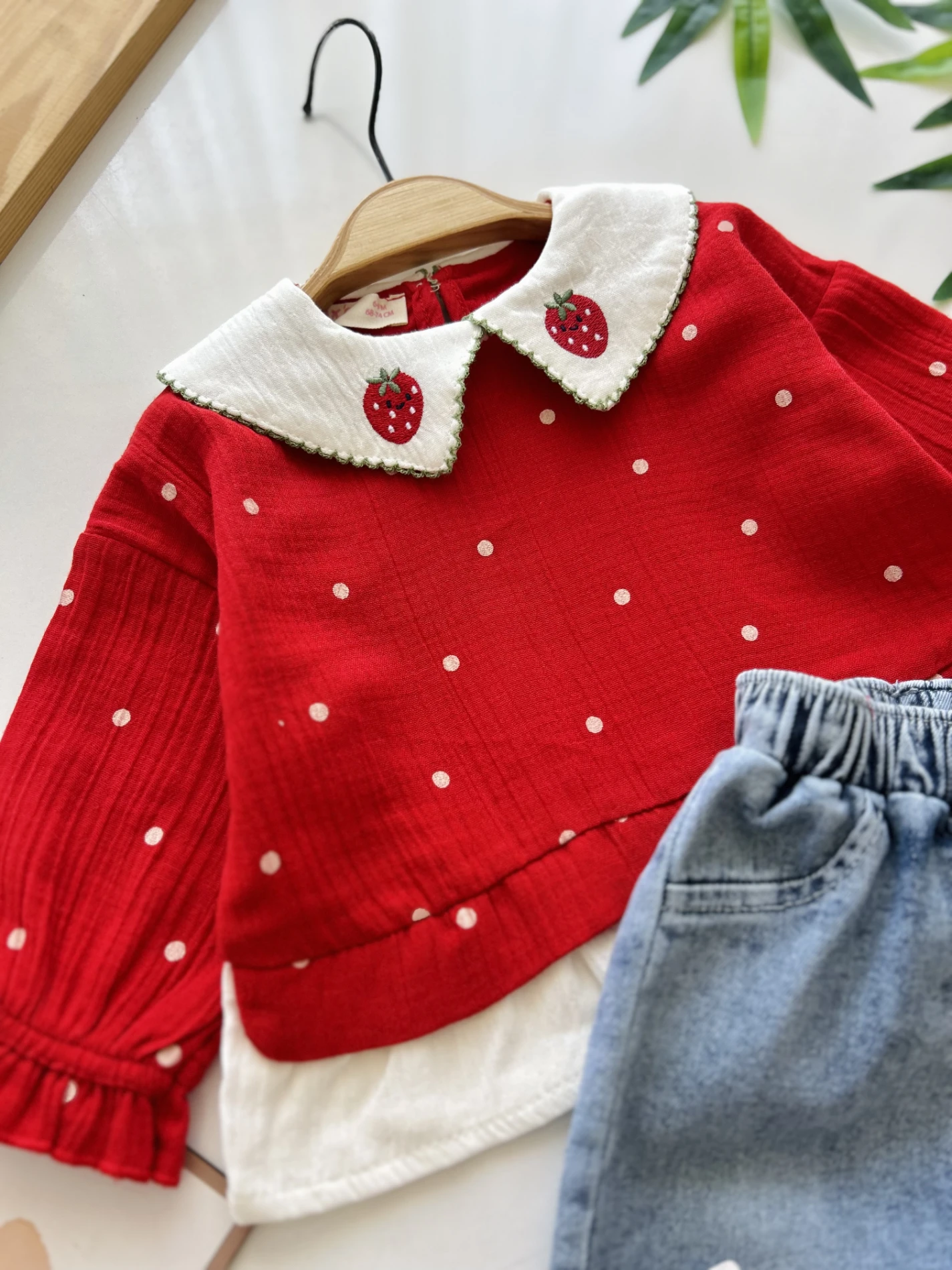 Çilek Yakalı Müslin Kumaş Sweatli Kot Pantalonlu Premium Kalite Takım