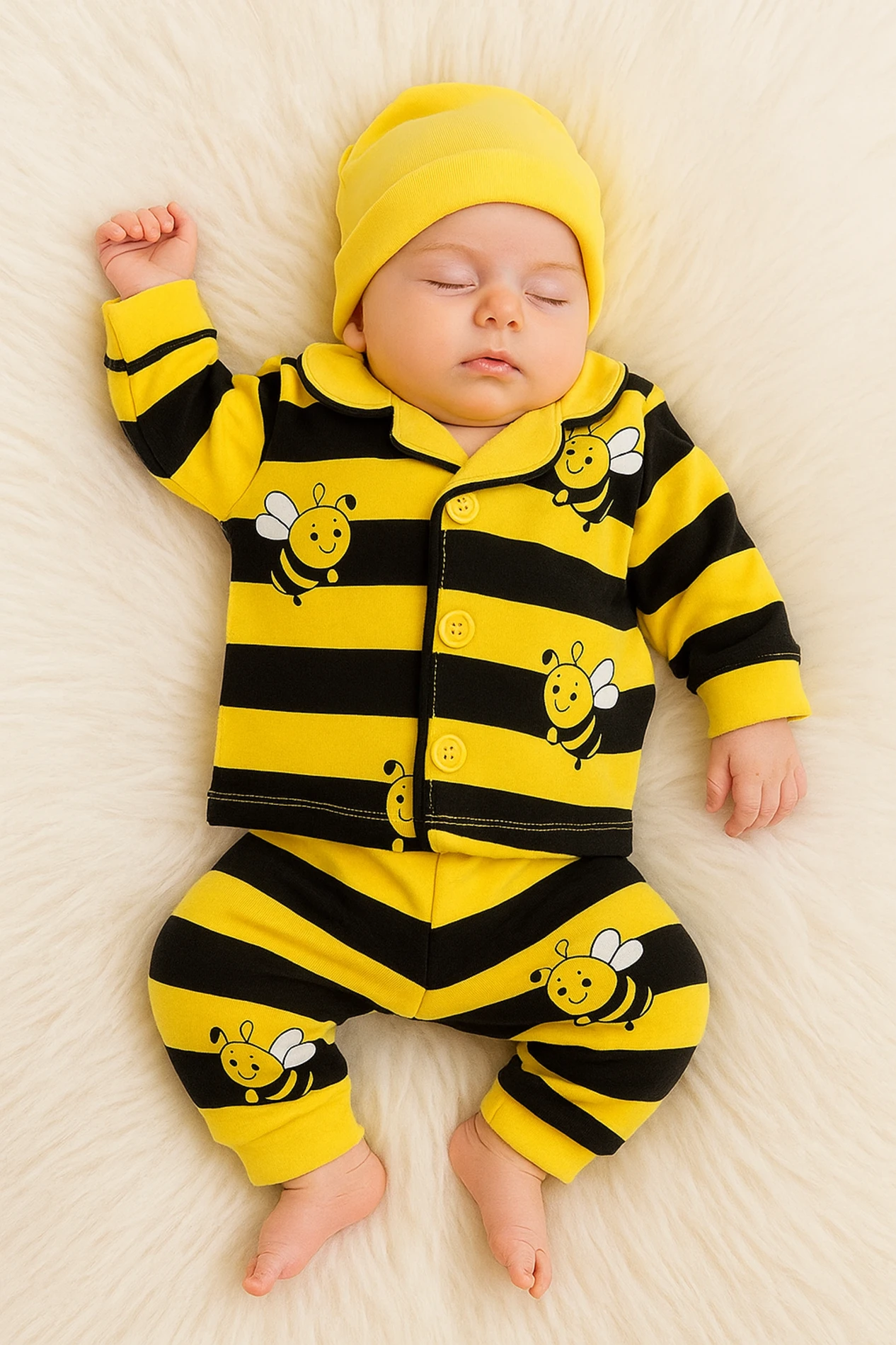 Bebe Yakalı Arı Desenli %100 Pamuk Pijama Takımı