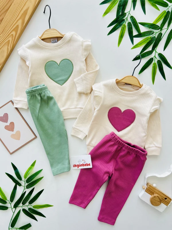  Kalp Desenli  %100 Pamuk Mevsimlik Takım