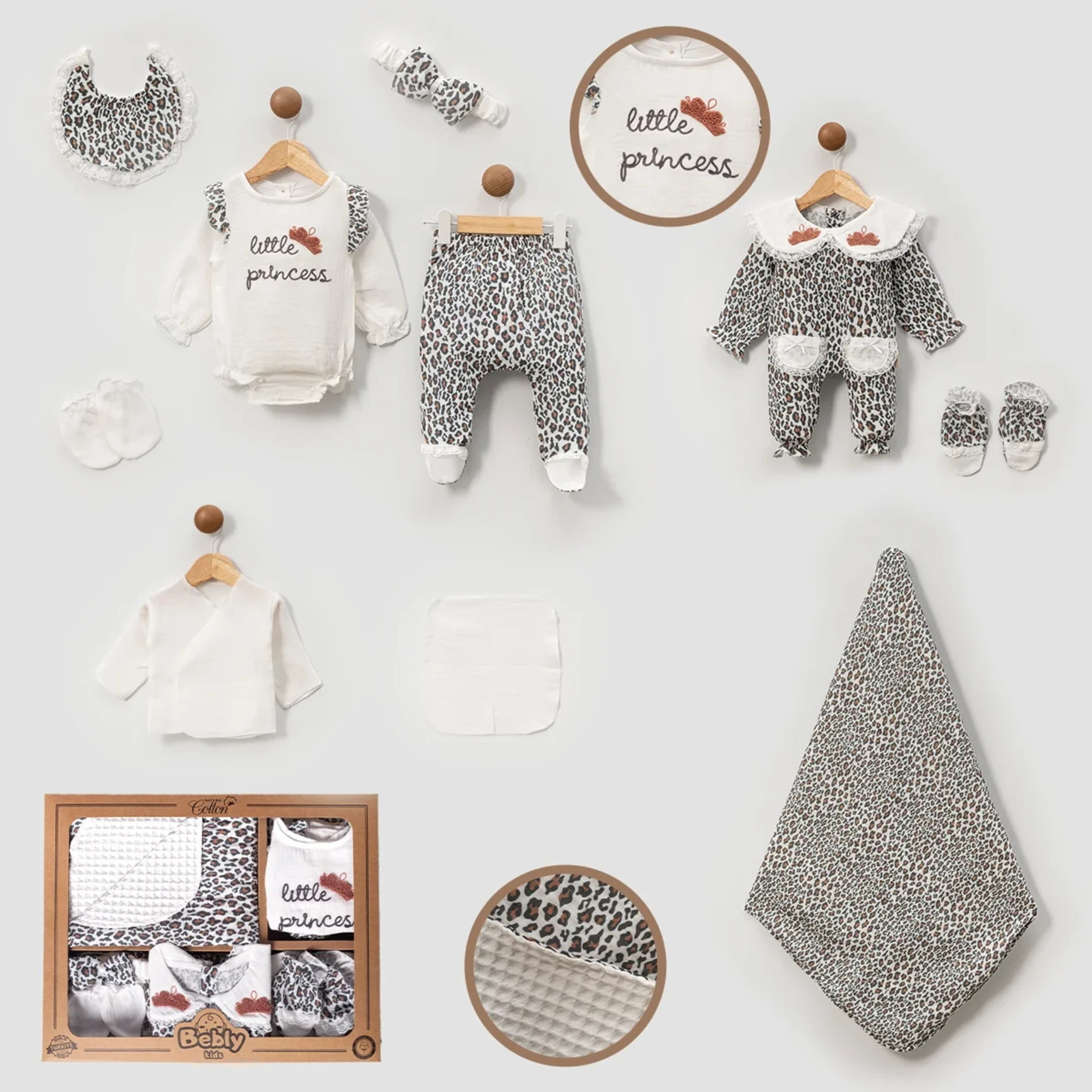 Little Prencess Leopar Desenli 10 Parça Müslin Kumaş Premium Kalite Yenidoğan Set