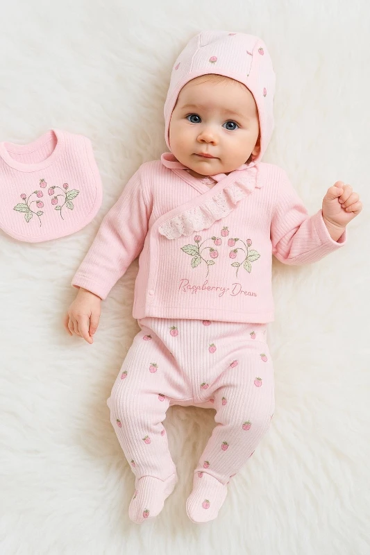 Ahududu Desenli 5 Parça %100 Pamuk Yenidoğan Hastane Çıkışı Seti