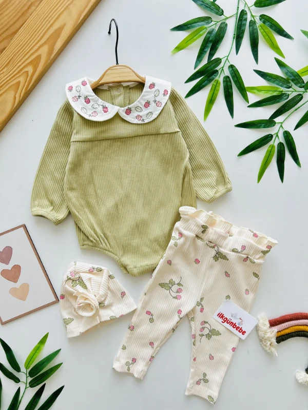 Ahududu Desenli %100 Pamuk Ribanalı Kumaş 3’lü Takım