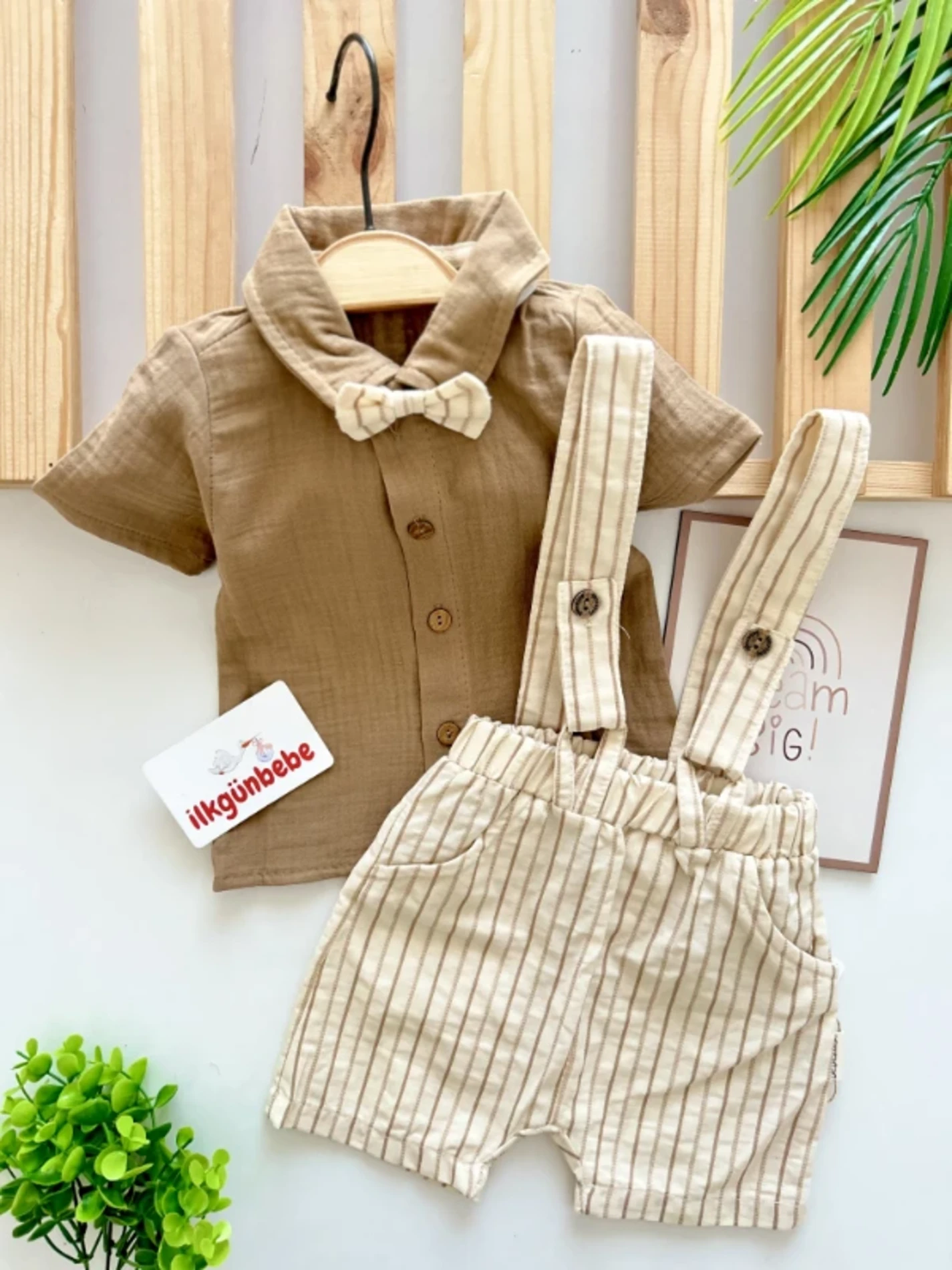  Çizgili  Desenli %100 Müslin Kumaş Salopetli 2’li Premium Set