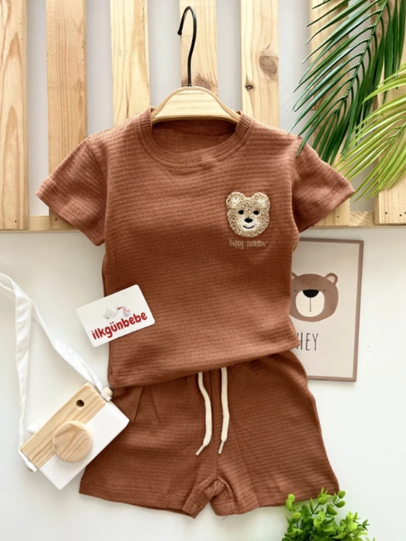 Happy Summer Bear Nakışlı 2’li Şortlu İpli Takım 