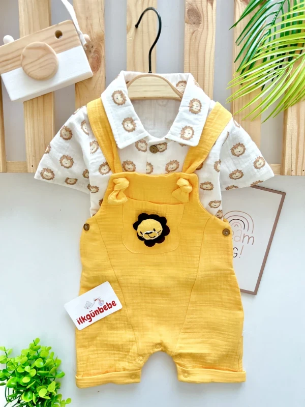  Aslan  Desenli %100 Müslin Kumaş Salopetli 2’li Premium Set