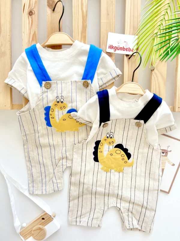 Dino Baskılı Keten Salopetli Tişörtlü Premium Kaliteli 2’li Takım