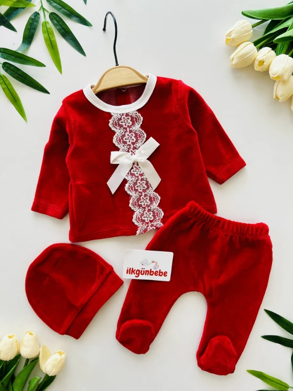 Kadife Kumaş Dantel Fiyonklu Premium Kalite 3 Parça Set