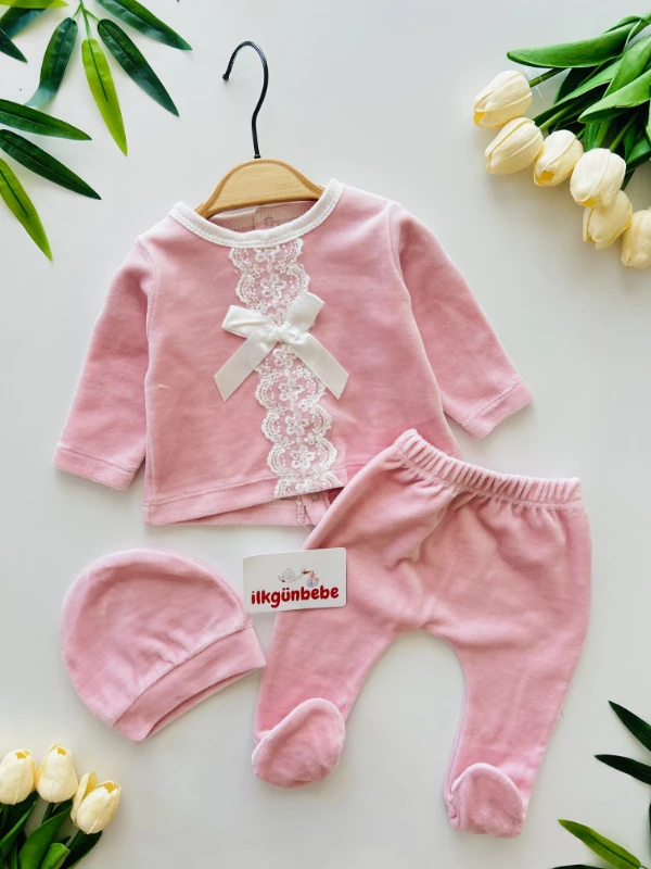 Kadife Kumaş Dantel Fiyonklu Premium Kalite 3 Parça Set