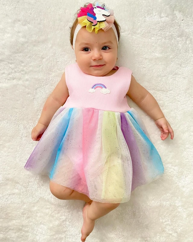 Gökkuşağı Baskılı Alttan Çıtçıtlı Tüllü Elbise