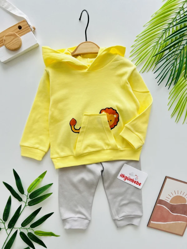 Aslan Cep Detaylı Kapüşonlu 2’li %100 Pamuk Takım