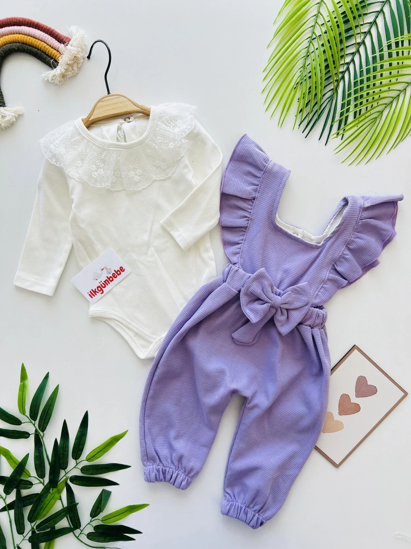 Güpür Yaka Detaylı Bodyli Fiyonklu Salopetli 2’li Set