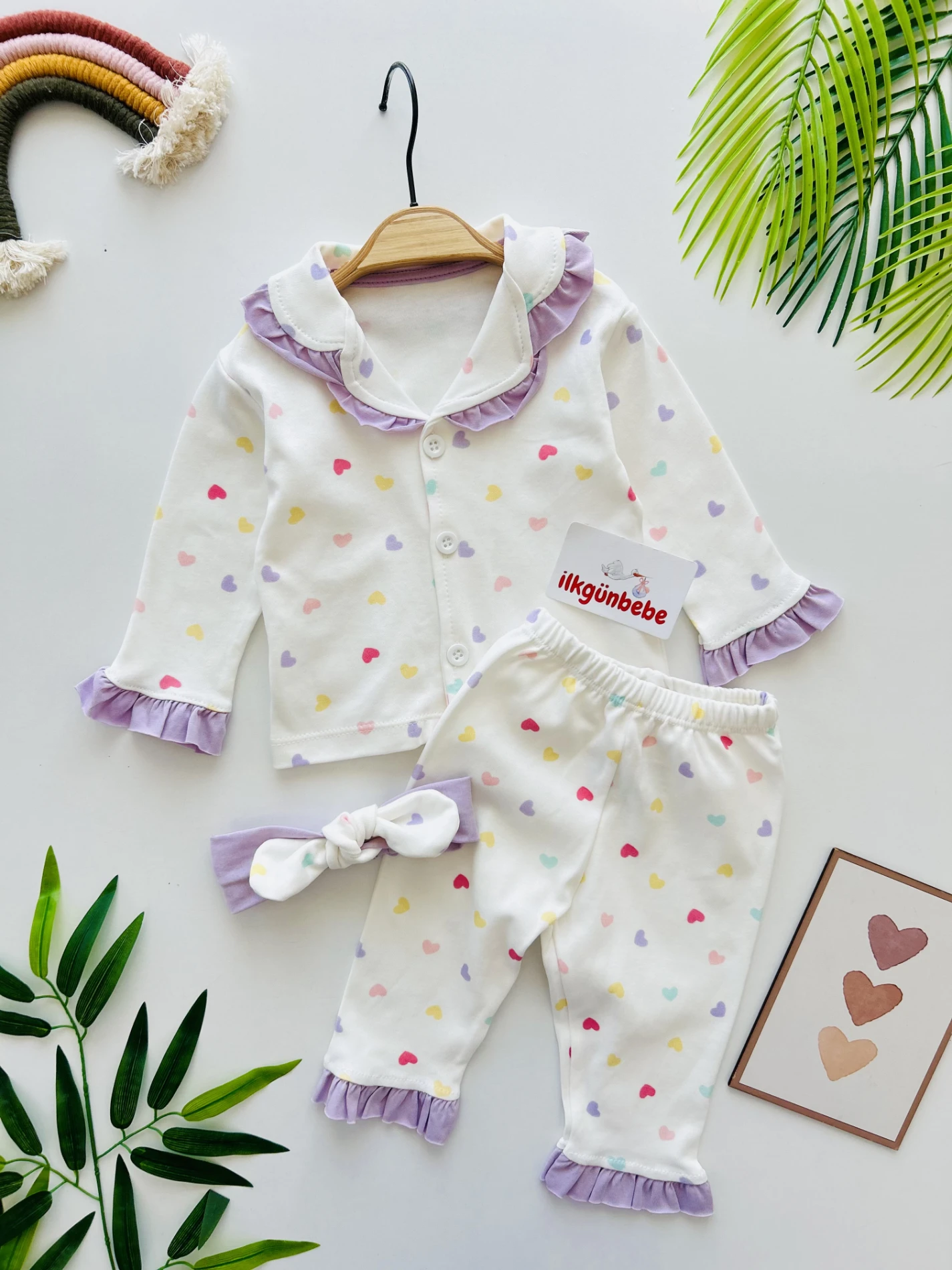 Kalp Desenli  Bebe Yakalı Bandanalı  %100 Pamuk Pijama Takımı
