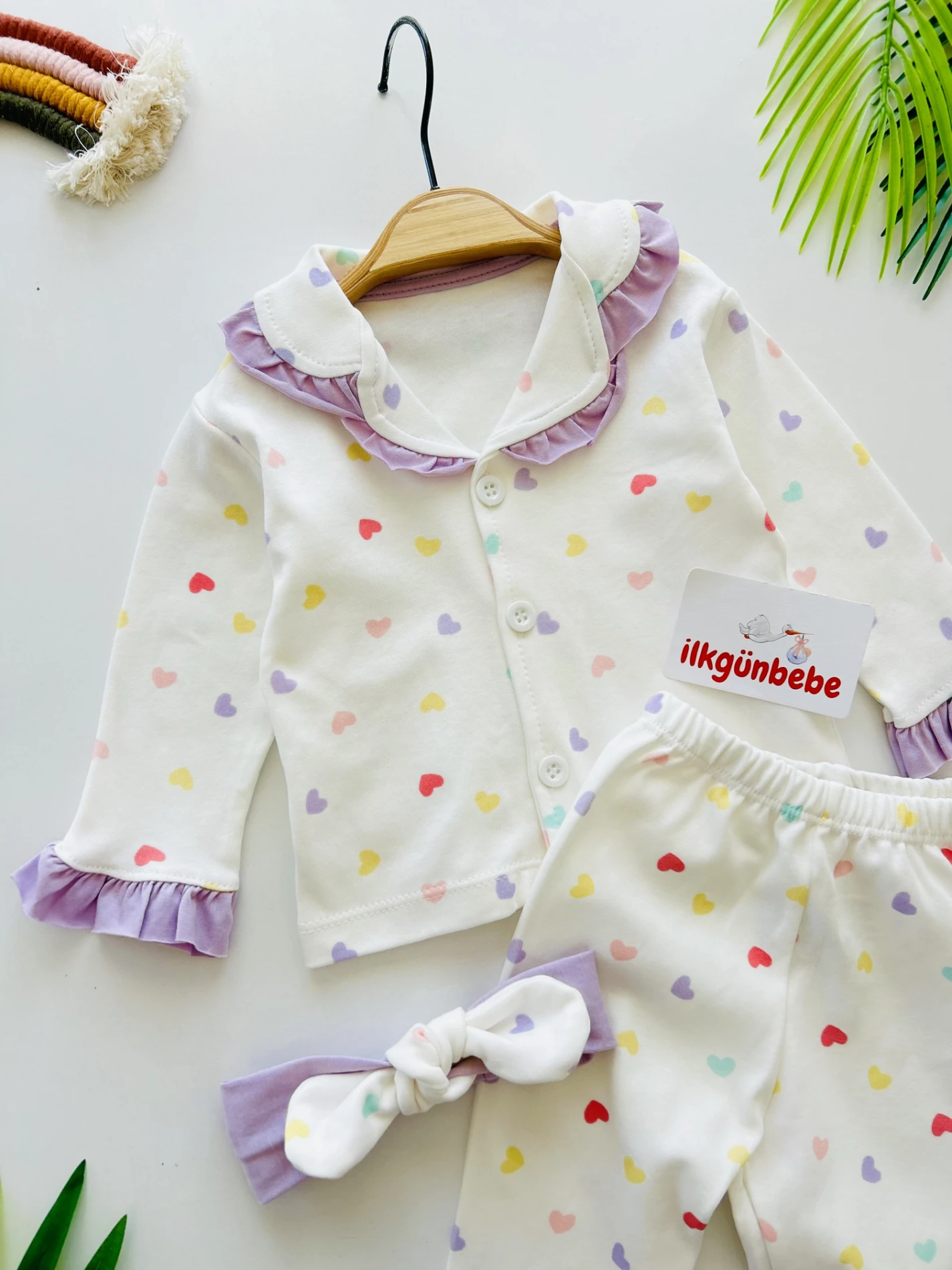 Kalp Desenli  Bebe Yakalı Bandanalı  %100 Pamuk Pijama Takımı