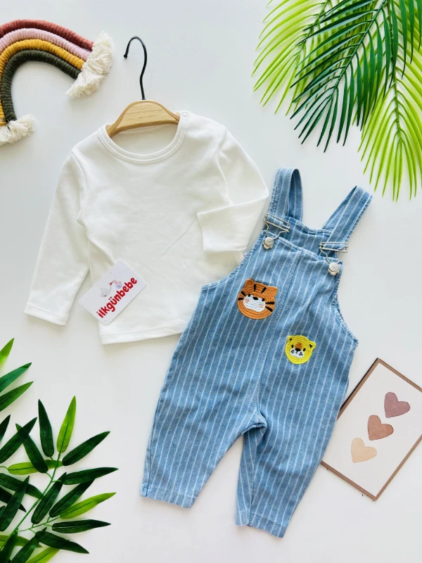 Animals Nakışlı Çizgili Likralı Kot Salopetli 2’li Set