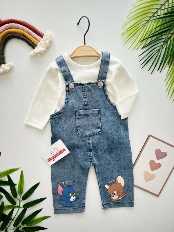 Tom And Jerry Nakışlı Likralı Kot Salopetli Esnek Kumaş Badili 2’li Takım