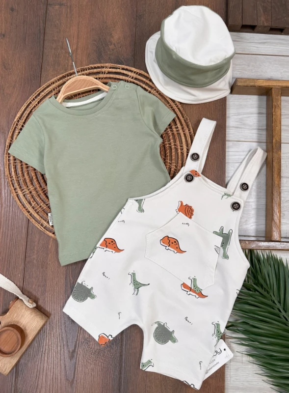 Dino Animals Bucket Şapkalı %100 Pamuk  Kumaşlı Tişörtlü Salopetli 3’lü Takım