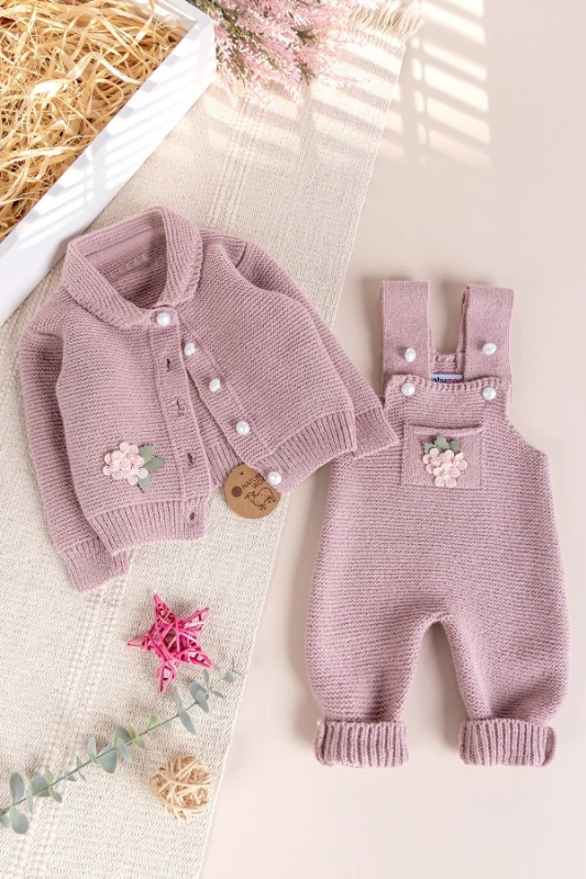 Natural Çiçek İşlemeli Örgü Salopet Hırka Takım Gül Kurusu