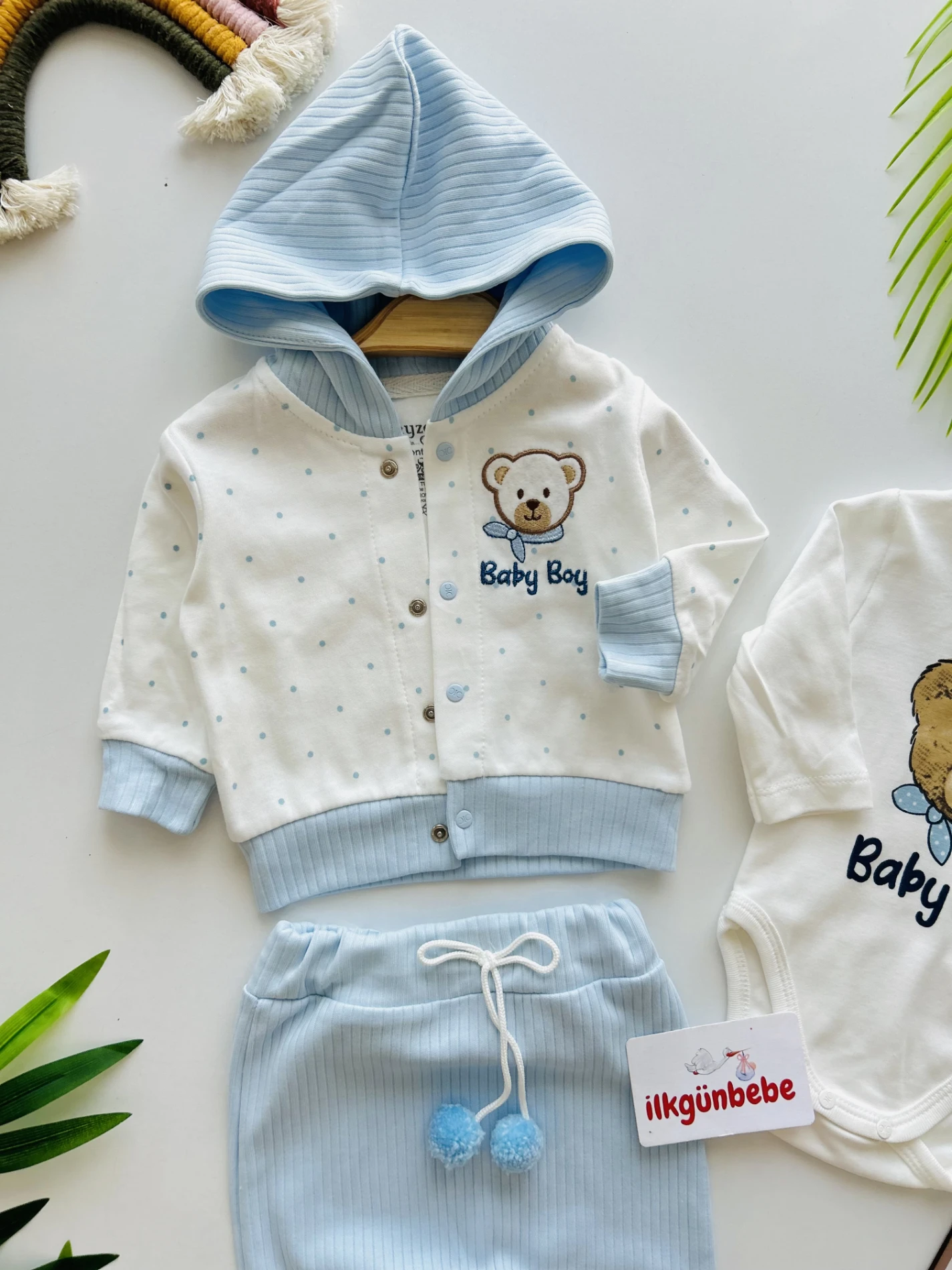 Baby Boy Ponpon Detaylı Hırkalı 3’lü %100 Pamuk Premium Takım
