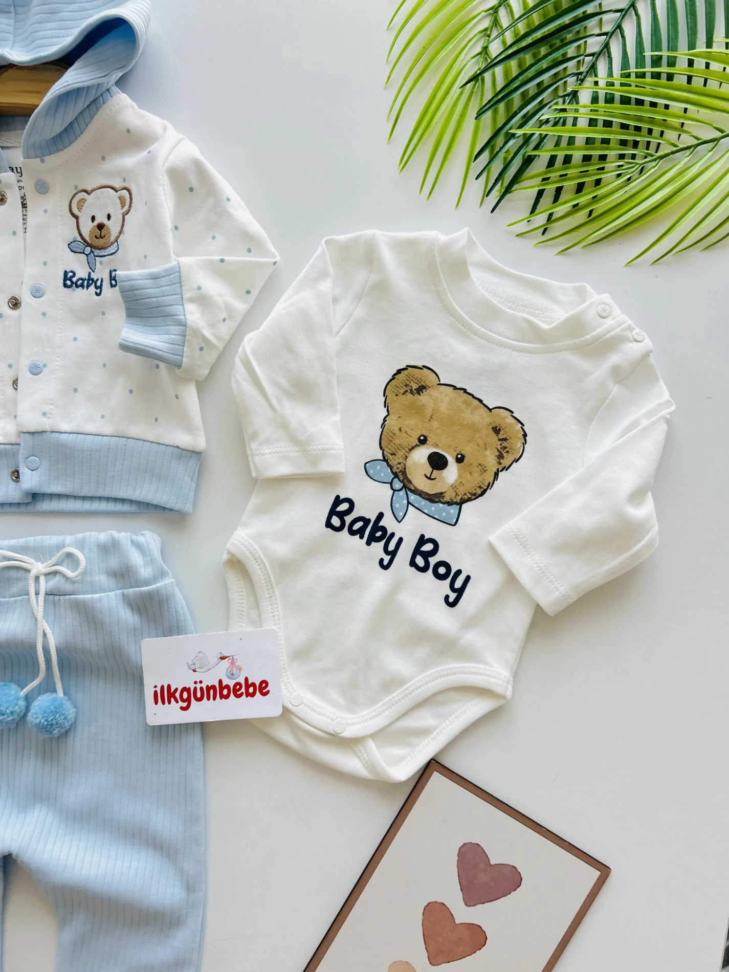 Baby Boy Ponpon Detaylı Hırkalı 3’lü %100 Pamuk Premium Takım