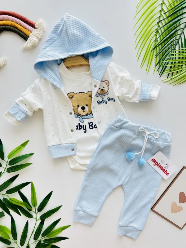 Baby Boy Ponpon Detaylı Hırkalı 3’lü %100 Pamuk Premium Takım