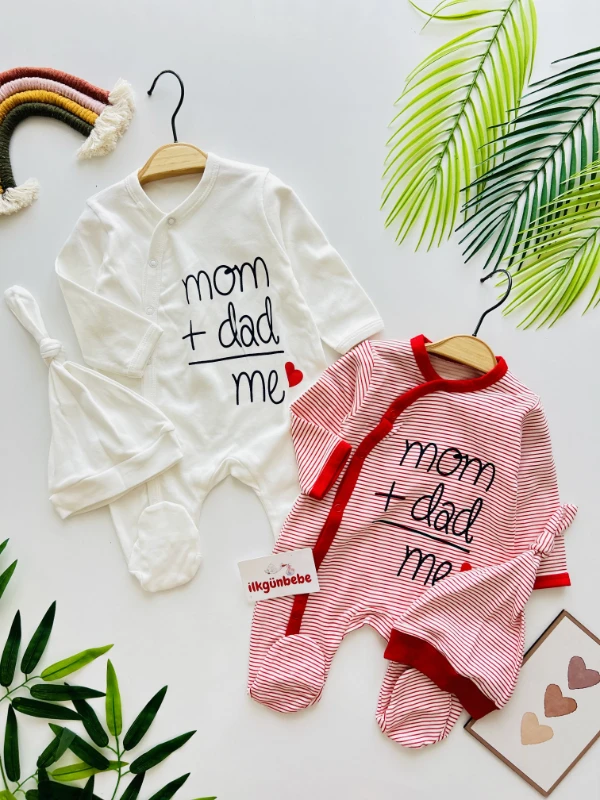 Mom + Dad Me Love Baskılı %100 Pamuk 2 Şapka & 2 Tulum Set