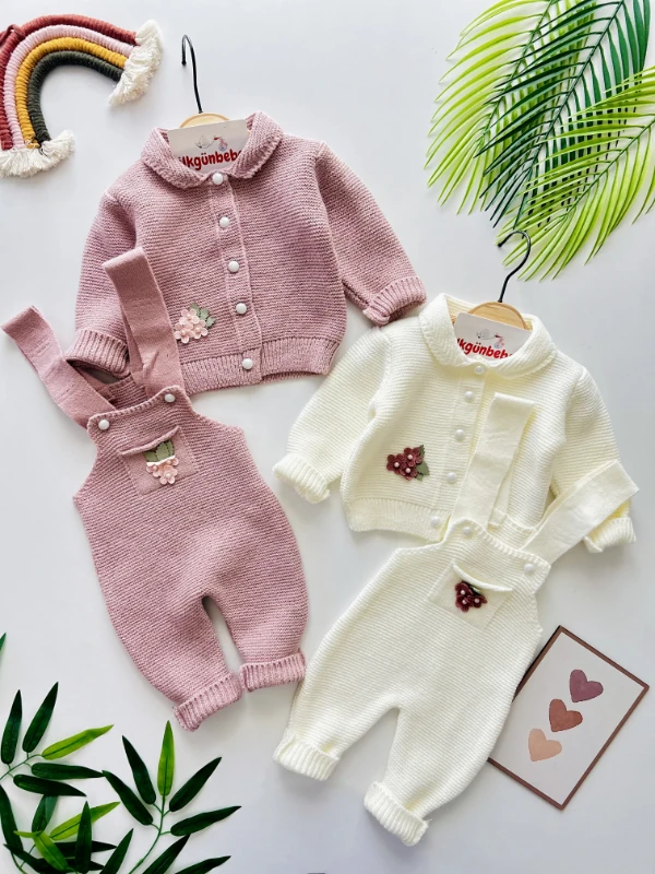 Natural Çiçek İşlemeli Örgü Salopet Hırka Takım Gül Kurusu