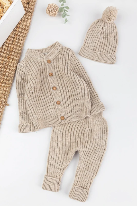 Lucas Şapkalı Düğmeli Triko Premium 3’lü Unisex Takım