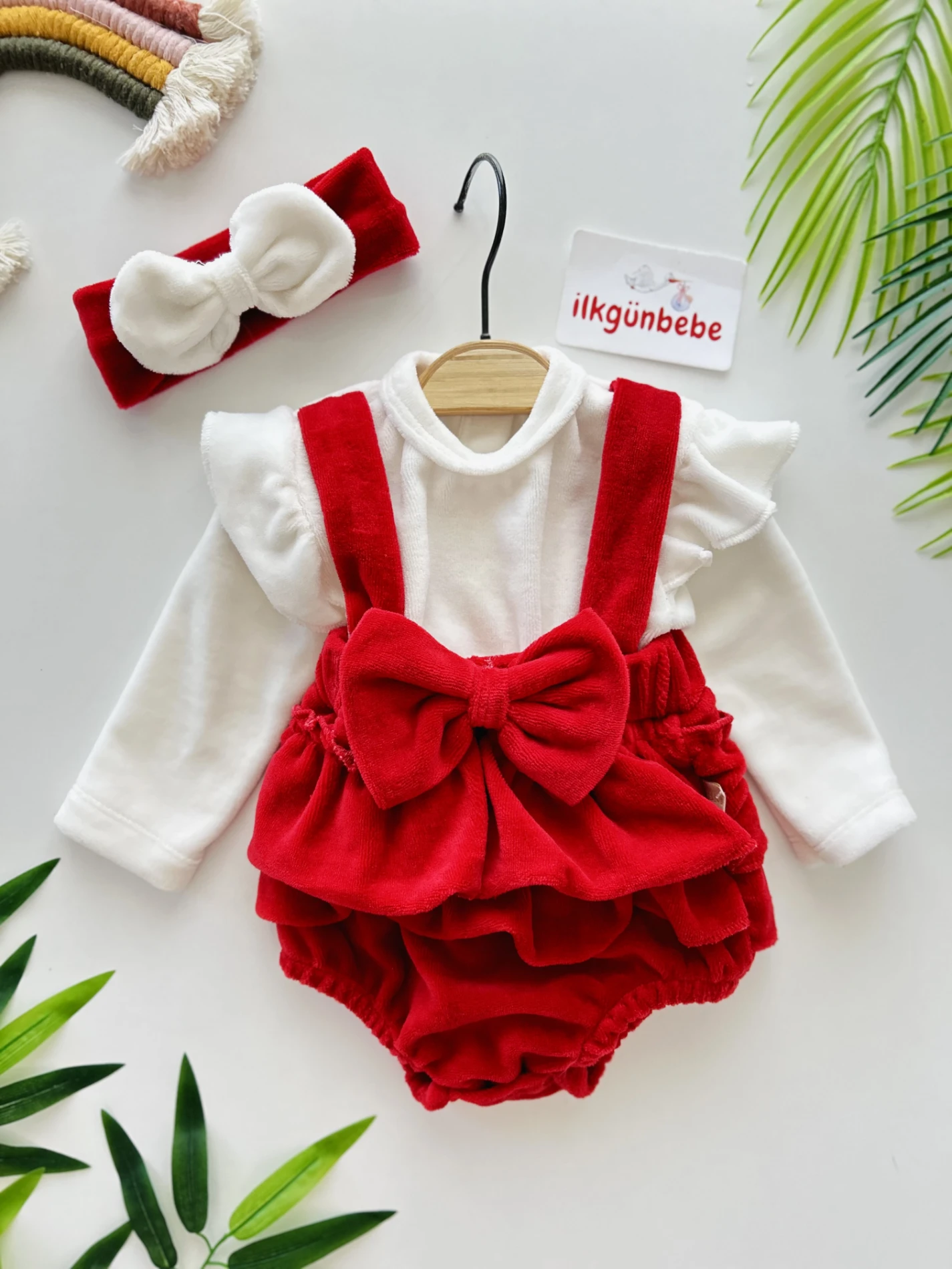 Fiyonklu Kadife Kumaş Bandana Elbise Set