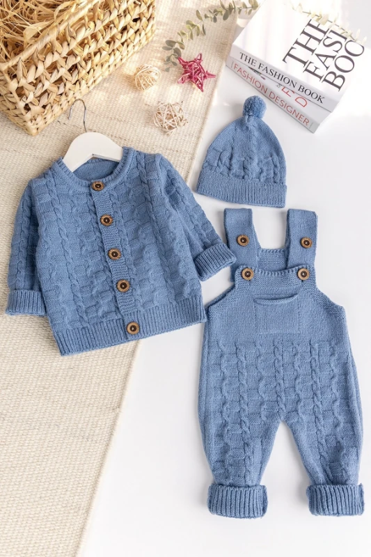 Triko Hırkalı 3'lü Ayarlanabilir Askılı  Örgü Erkek Bebek Salopet Tulum Takım Set