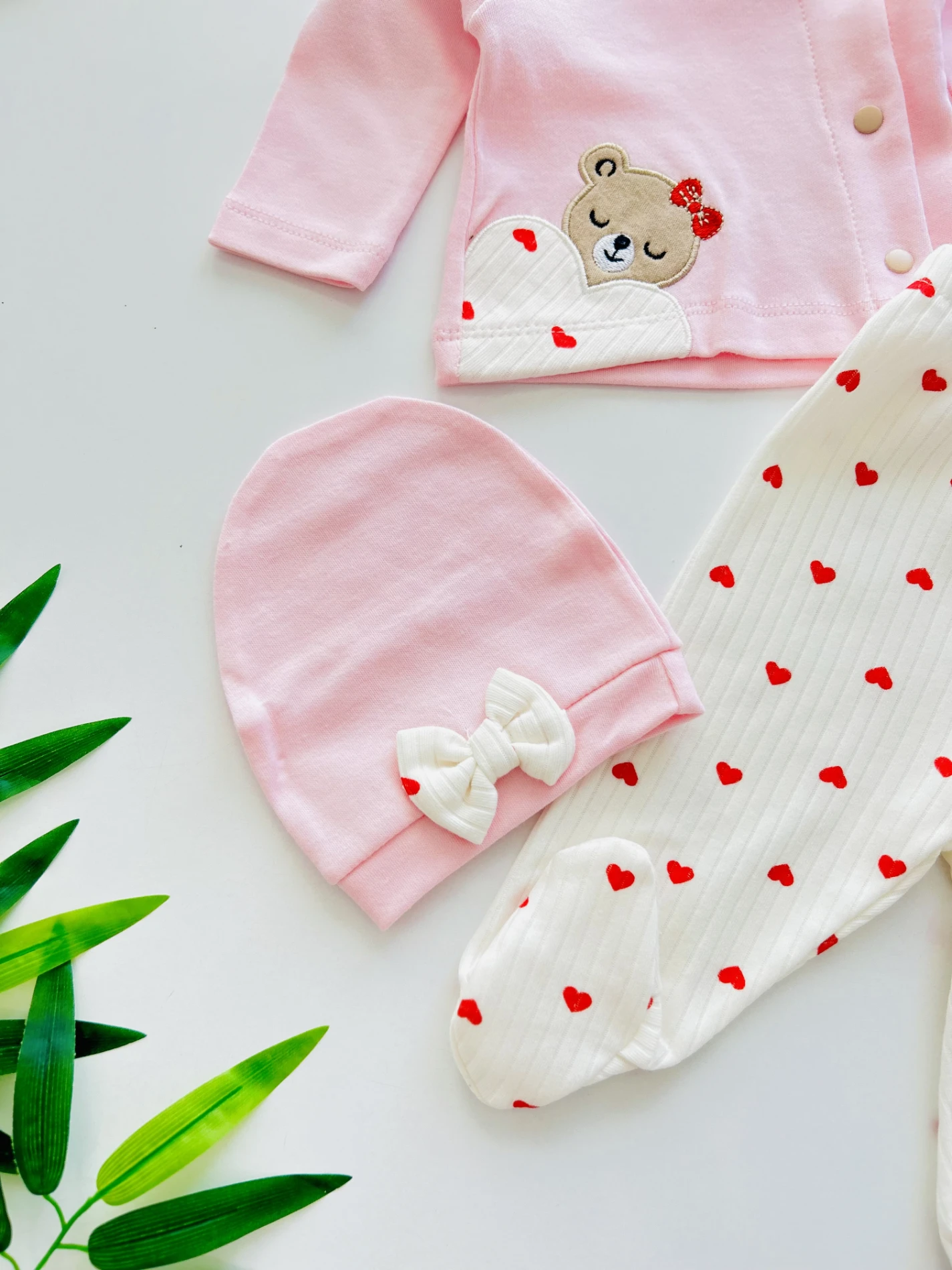 Kalp Desenli Teddy Bear 3 Parça Yenidoğan Hastane Çıkışı Seti