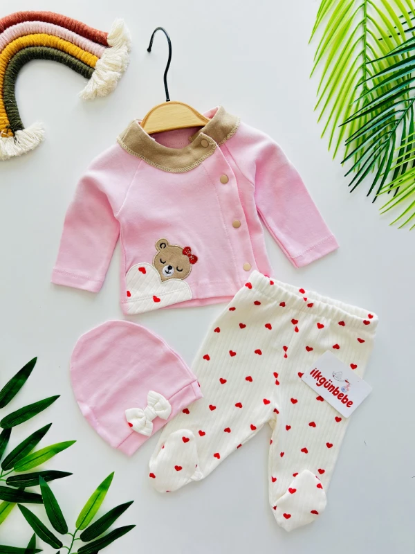 Kalp Desenli Teddy Bear 3 Parça Yenidoğan Hastane Çıkışı Seti