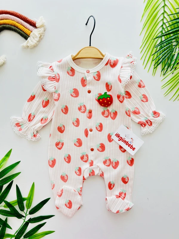 Çilek Desenli Omuz Fırfırlı %100 Pamuk Tulum