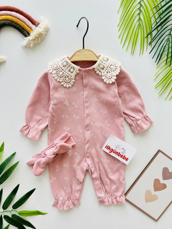 Fisto Yaka Detaylı Dal Desenli %100 Pamuk Bandanalı Tulum Set