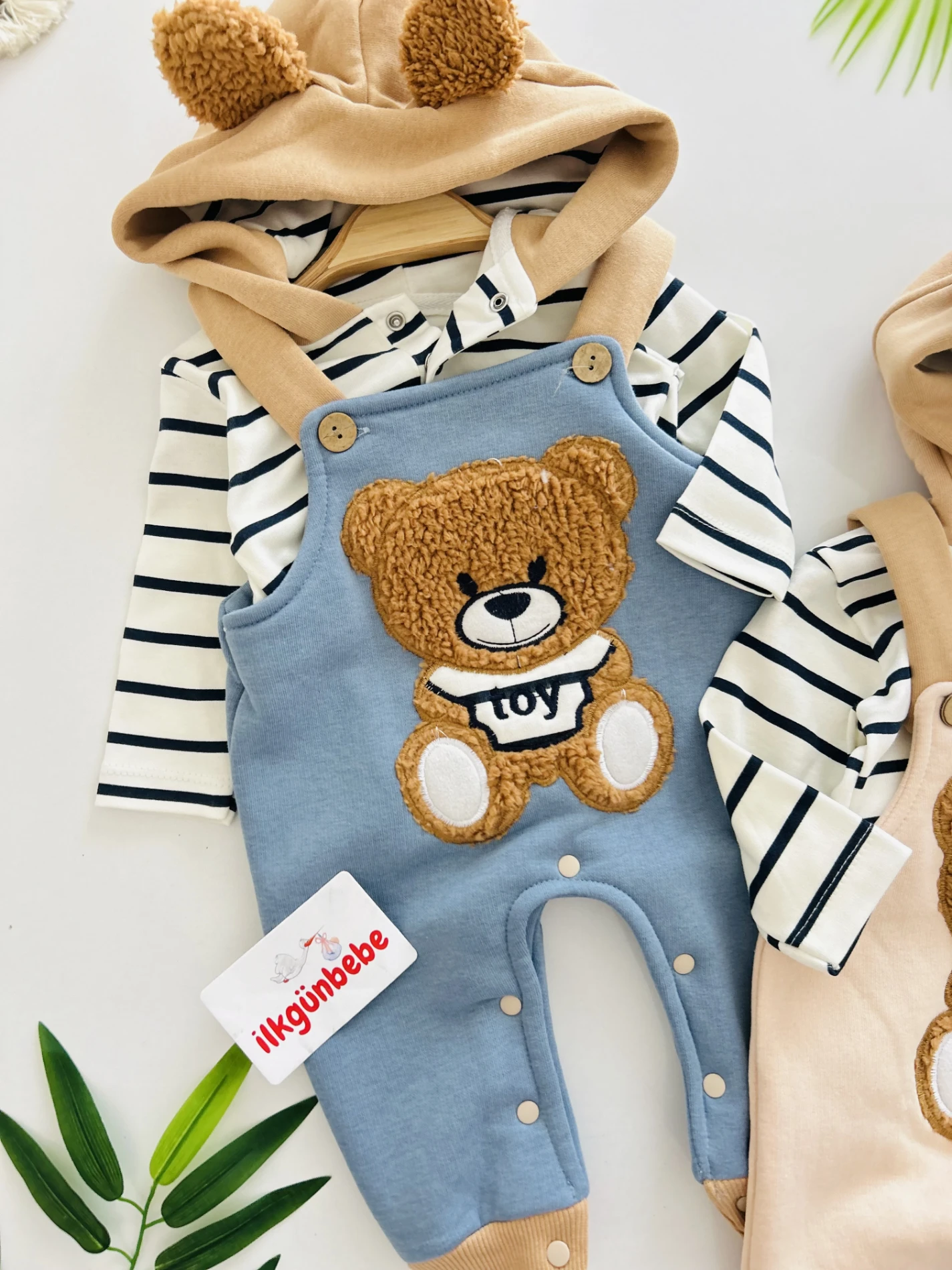 Toy 3 İp Şardonlu Polarlı Salopetli Kapüşonlu Çizgili Sweatli Takım