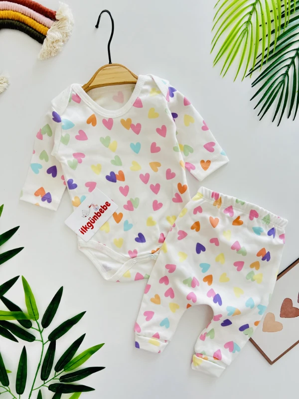 Rengarenk Kalp  Desenli %100 Pamuk 2’li Takım