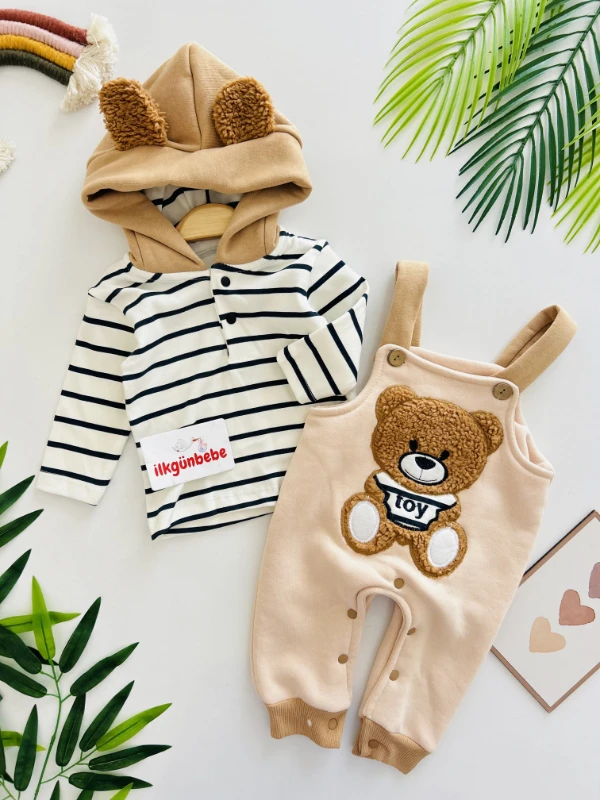 Toy 3 İp Şardonlu Polarlı Salopetli Kapüşonlu Çizgili Sweatli Takım