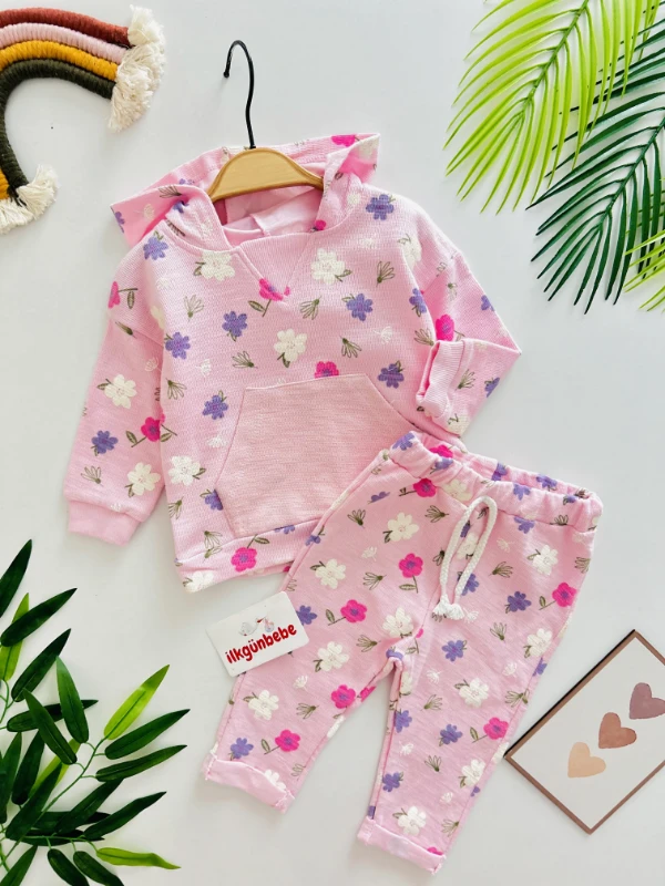 Çiçek Desenli Kapüşonlu Premium Kaliteli Cep Detaylı Mevsimlik 2’li Takım