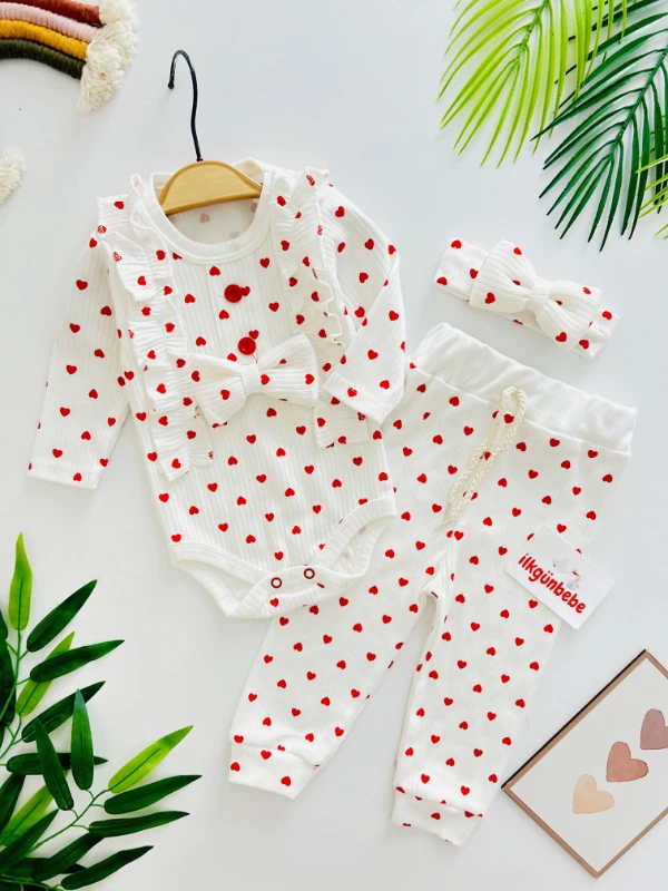 Fiyonklu Kalp Desenli Bandanalı Zıbınlı 3’lü Takım