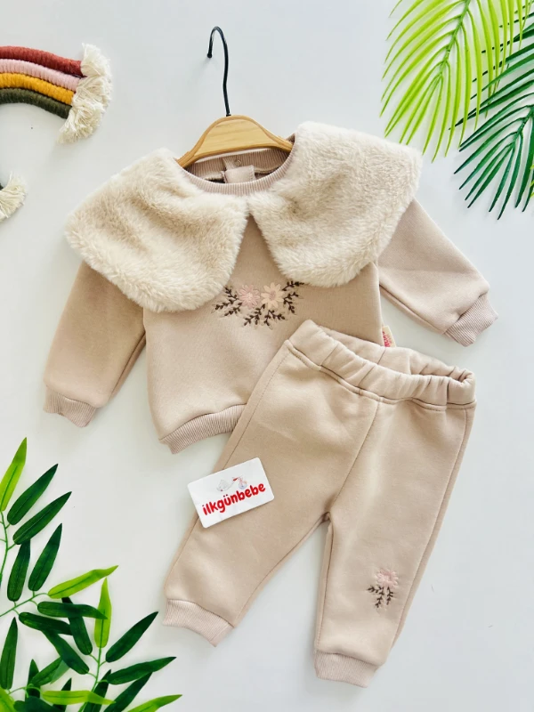 Peluş Kürk Yakalı Çiçek Desenli 3 İp Şardonlu 2’li Takım