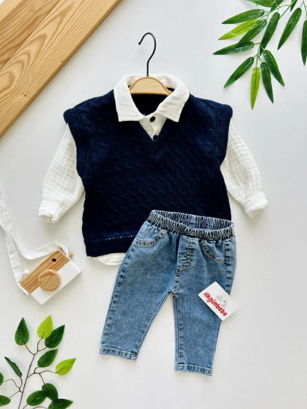 Burgu Örgü Triko  Detaylı Sahte Gömlekli Kot Pantolonlu Kışlık 2li Takım