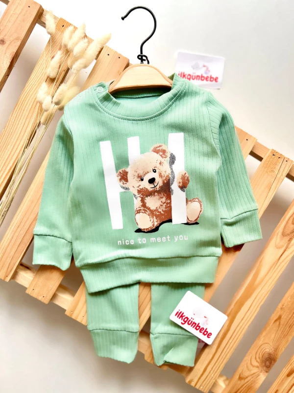 Hi Bear Baskılı Ribanalı Esnek Kumaş 2’li Takım