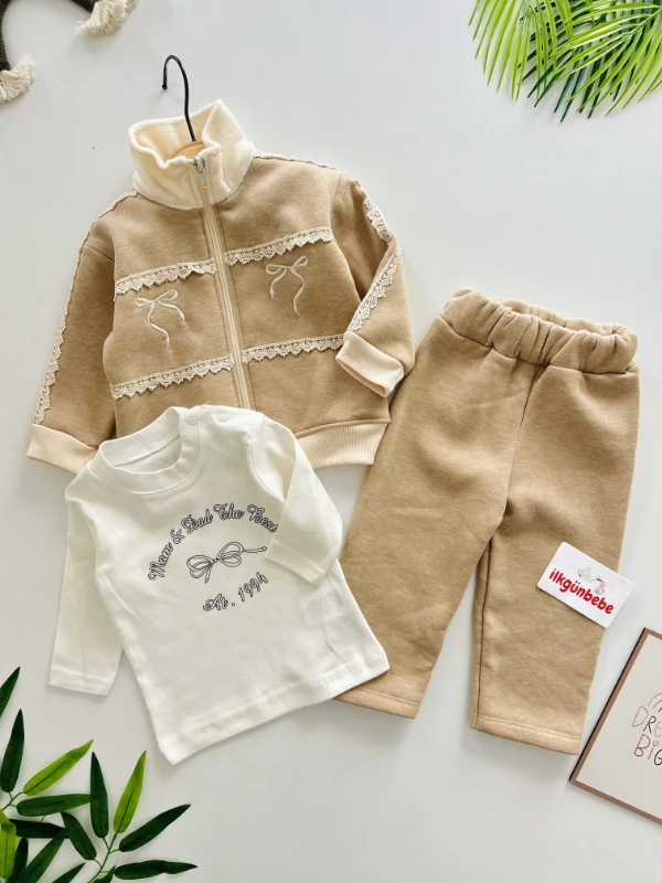 Fiyonk Desenli     3 İp İçi Şardonlu Kışlık 3’lü Premium Kalite Takım