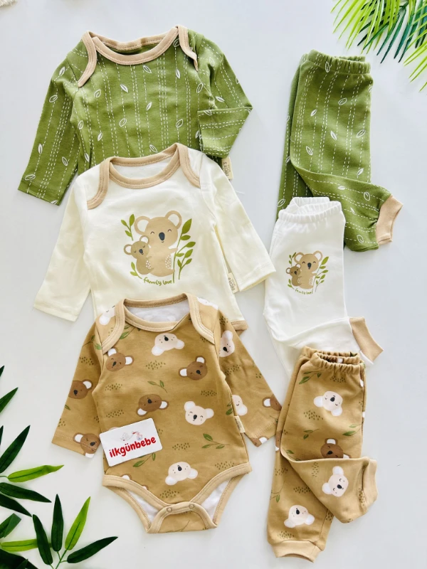 Koala Temalı Naturel %100 Pamuk 3 Alt 3 Üst 6’lı Set