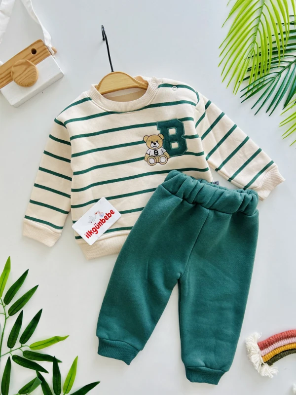 B Teddy Bear Nakışlı Çizgili 3 İp Şardonlu Kışlık Takım