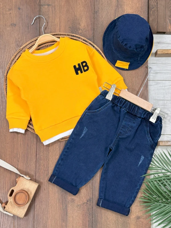 Likralı Kot Pantolon Çift Taraflı Şapka NakışlıSweatshirt 3lü  Takım