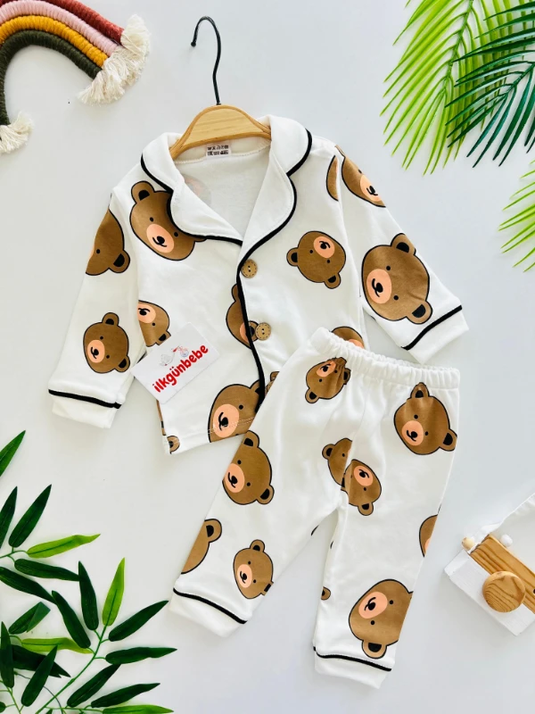 Bear Baskılı %100 Pamuk Yumuşaçık Kumaş Bebe Yakalı Pijama Takımı