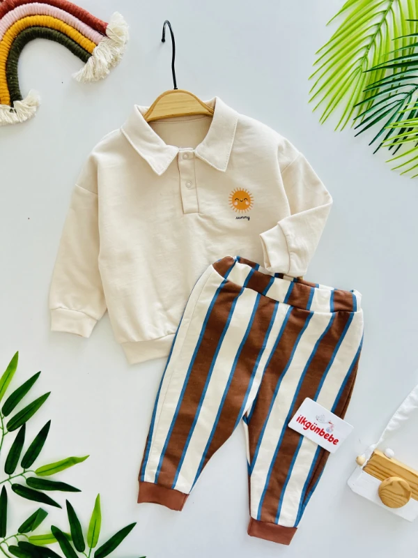 Polo Yaka Summer Baskılı Çizgili 2’li Premium Kalite Takım