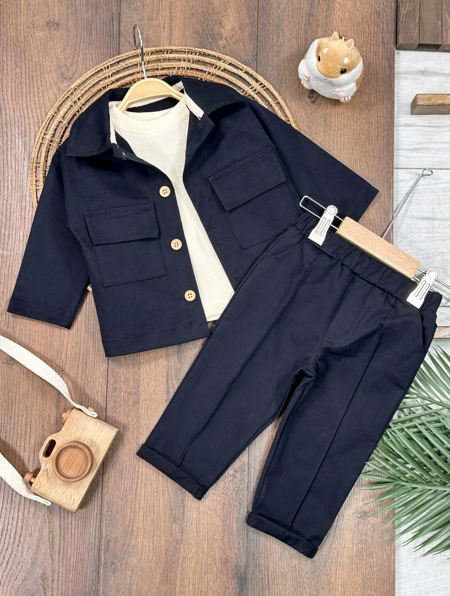 Keten Likralı Safari Model Omuzdan Çıtçıtlı Sweatshirt 3’lü Takım