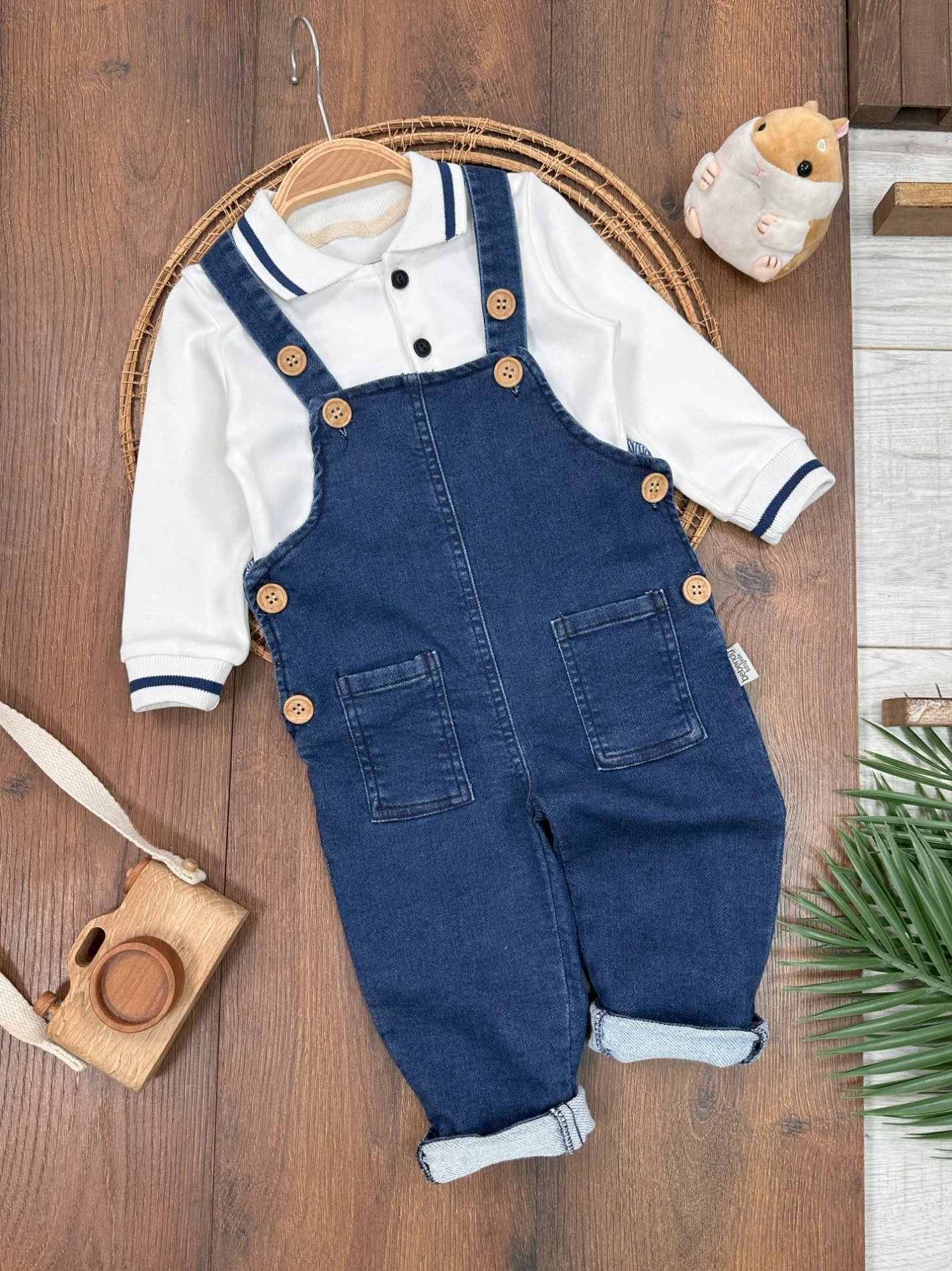 Polo Yaka Sweatshirt Kot Likralı Salopetli 2’li Takım